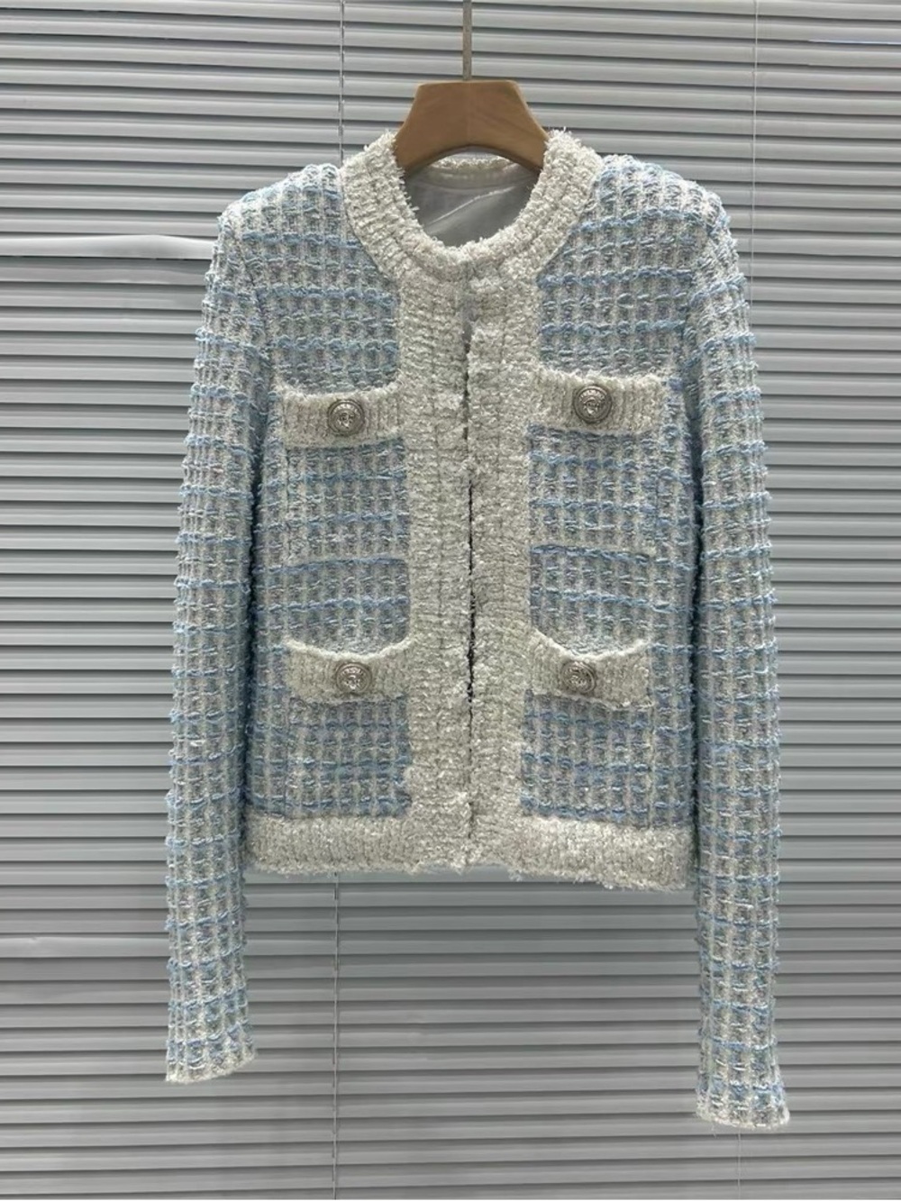 Luxury Metallic Tweed Ivory & Light Blue Jacket